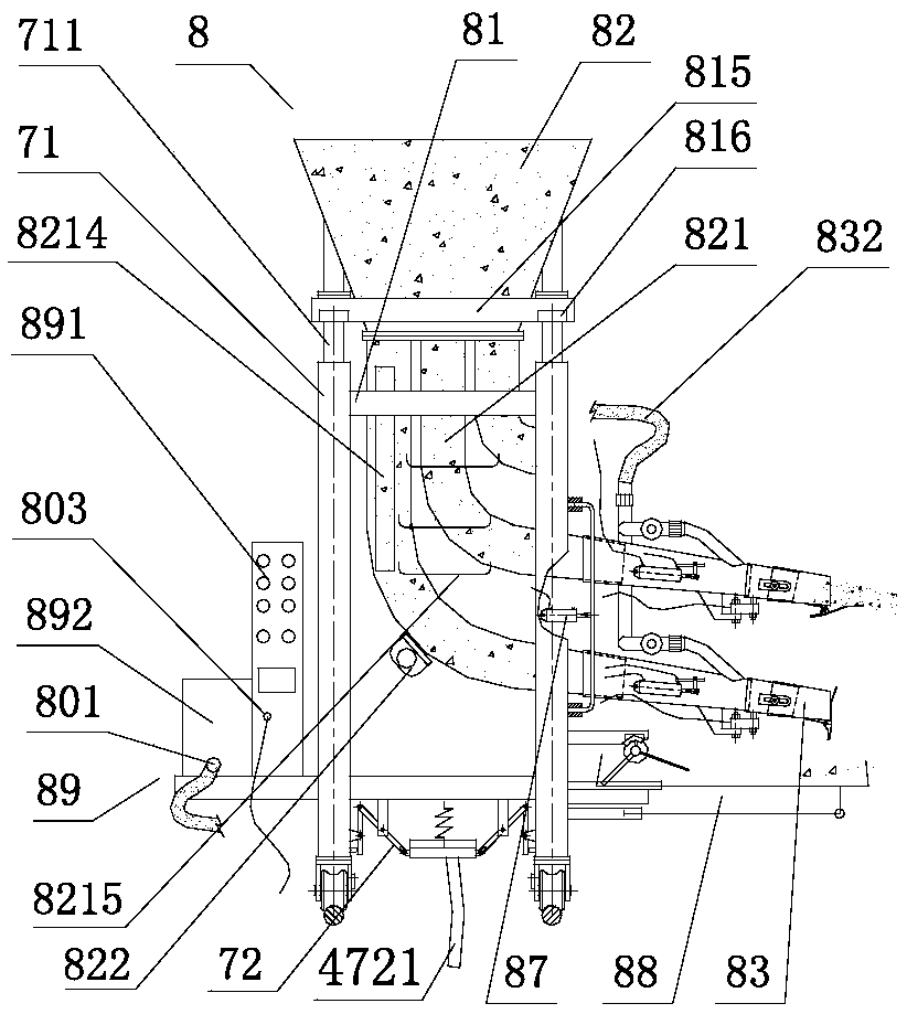 Feeding machine with leaked material receiving device and spray pipe adjusting device