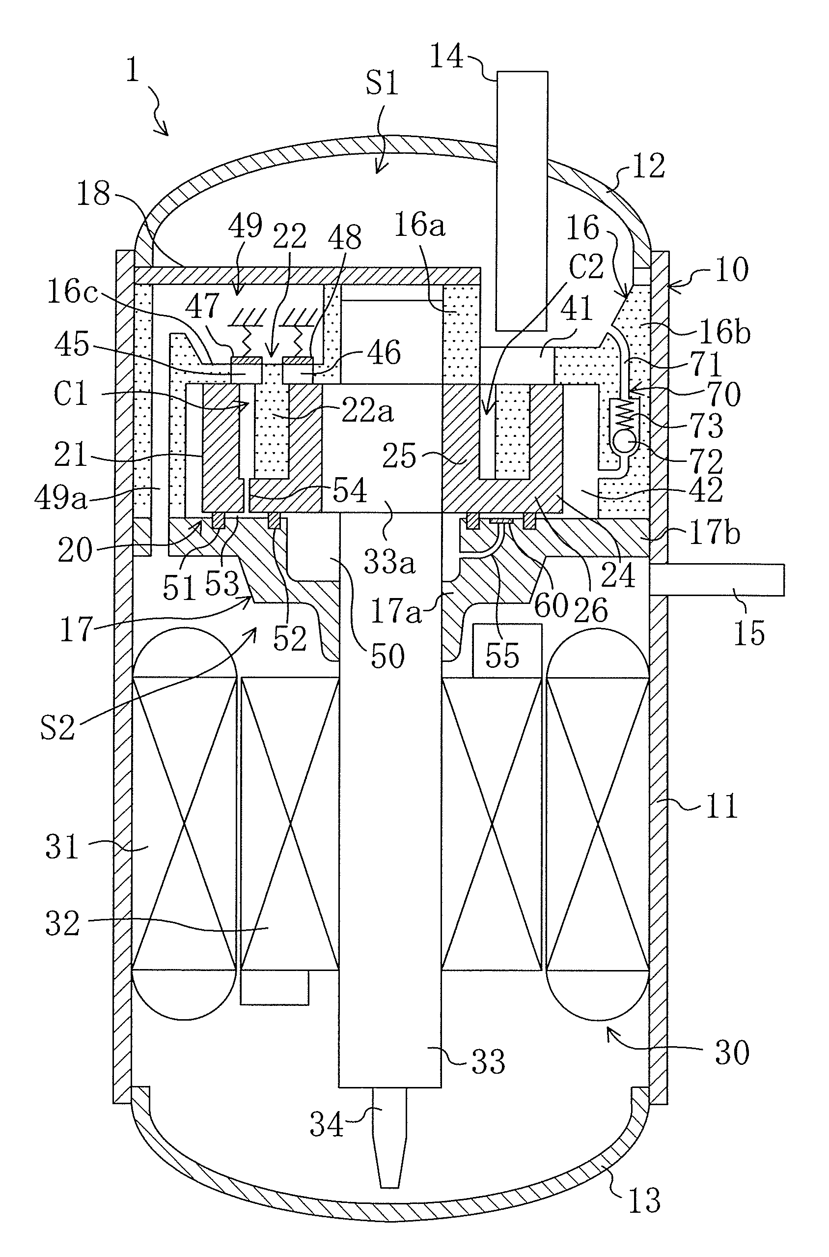 Fluid machinery having annular back pressure space communicating with oil passage