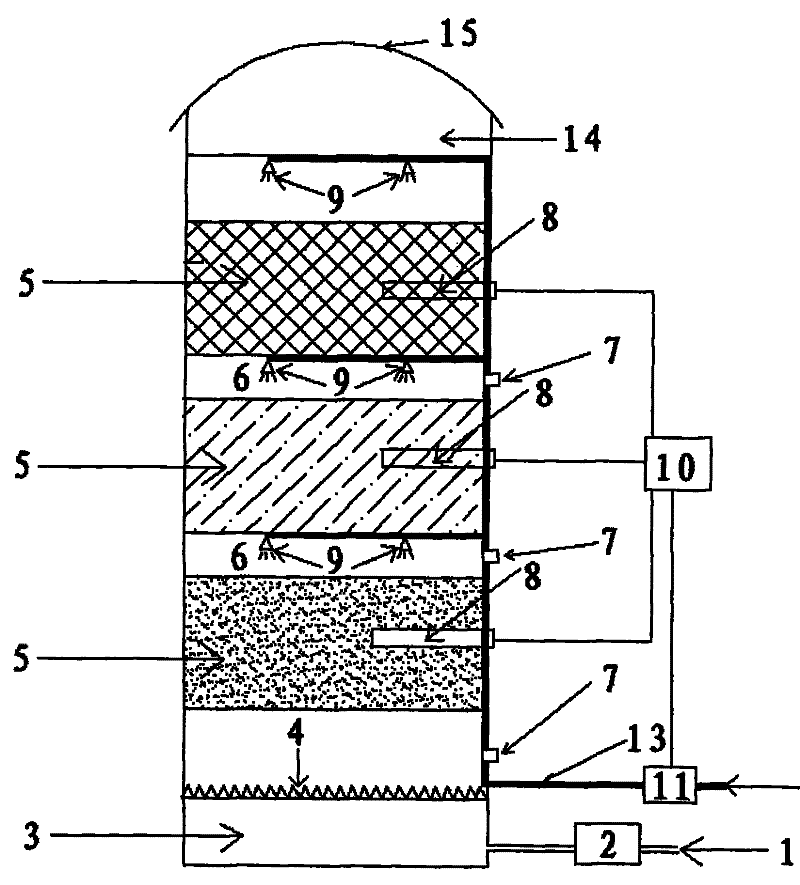 Multilayer mixed culture biological deodorizing filter tower and method for removing malodorous gases