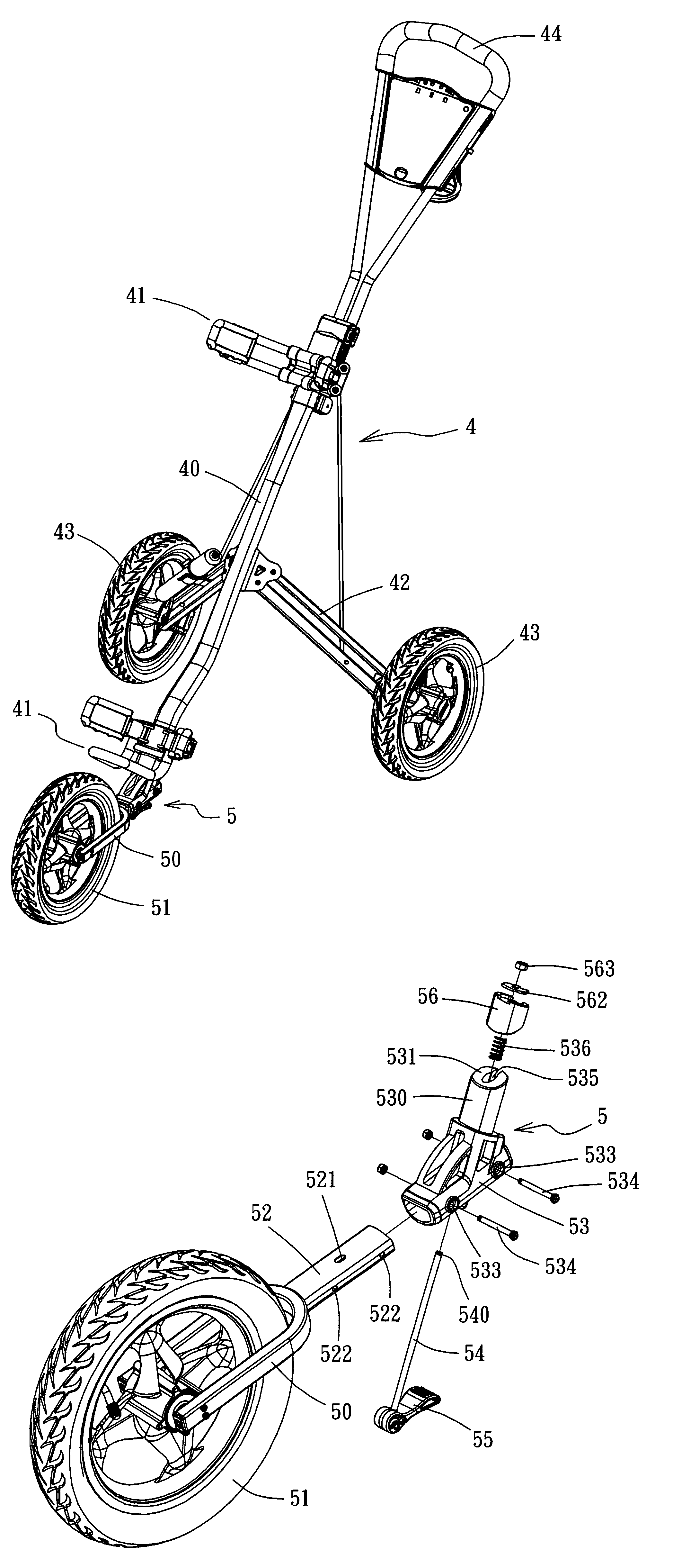 Third wheel collapsing device for a golf club cart