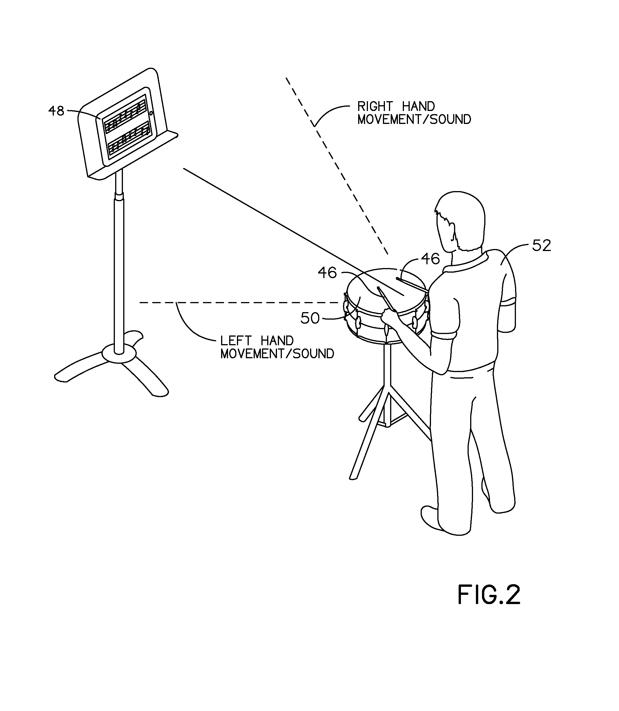 Electronic percussion device for determining separate right and left hand actions