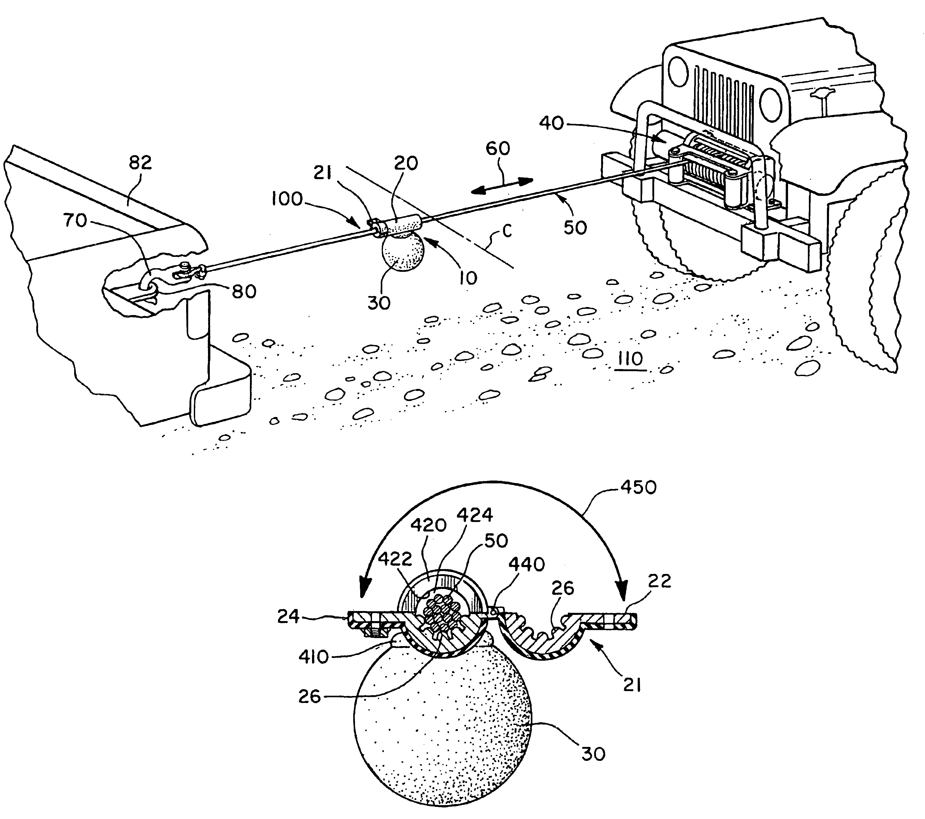 Winch line safety device and method therefor