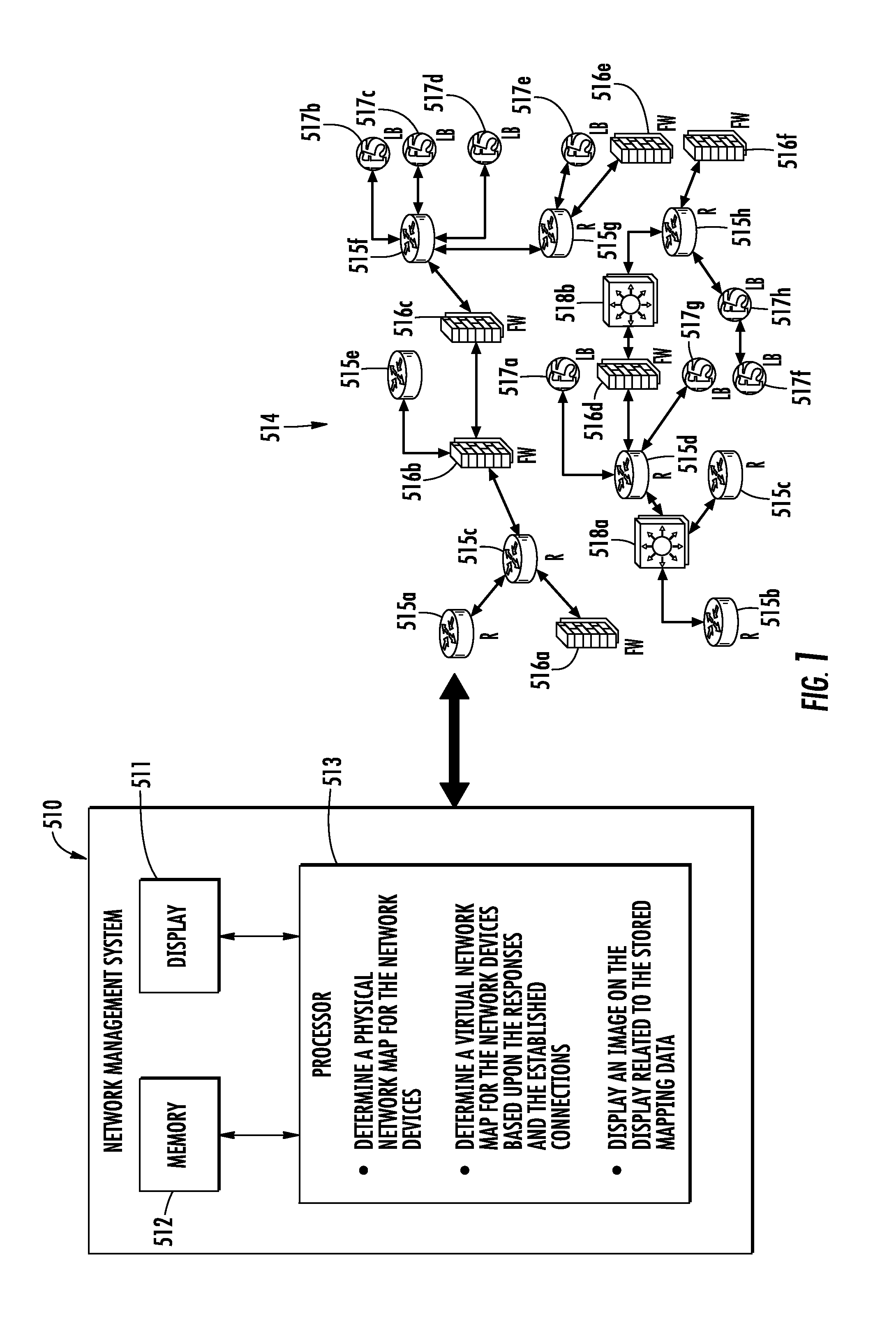 Network management system generating virtual network map and related methods