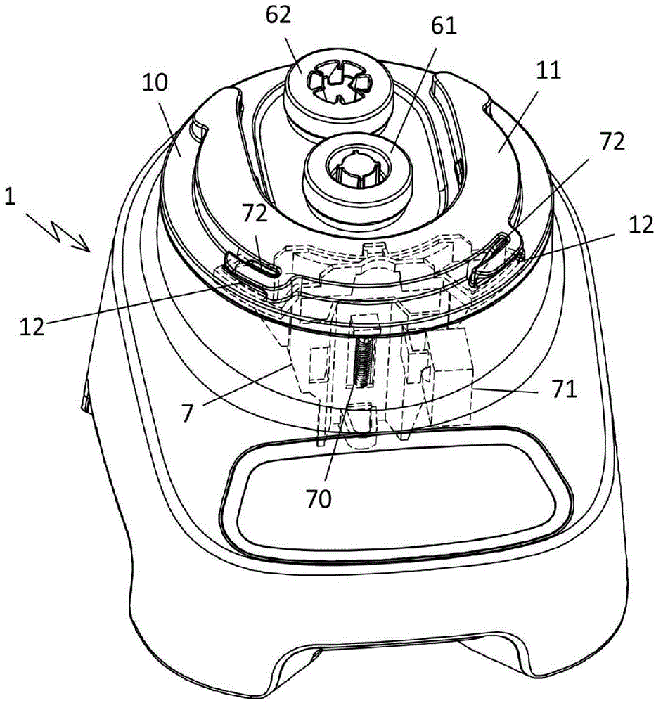 Household electrical appliance for food preparation comprising a container closed by a removable cover engaging with a safety device