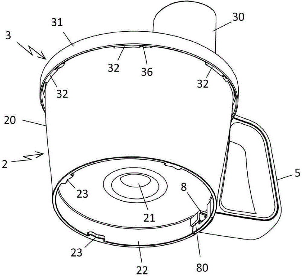 Household electrical appliance for food preparation comprising a container closed by a removable cover engaging with a safety device