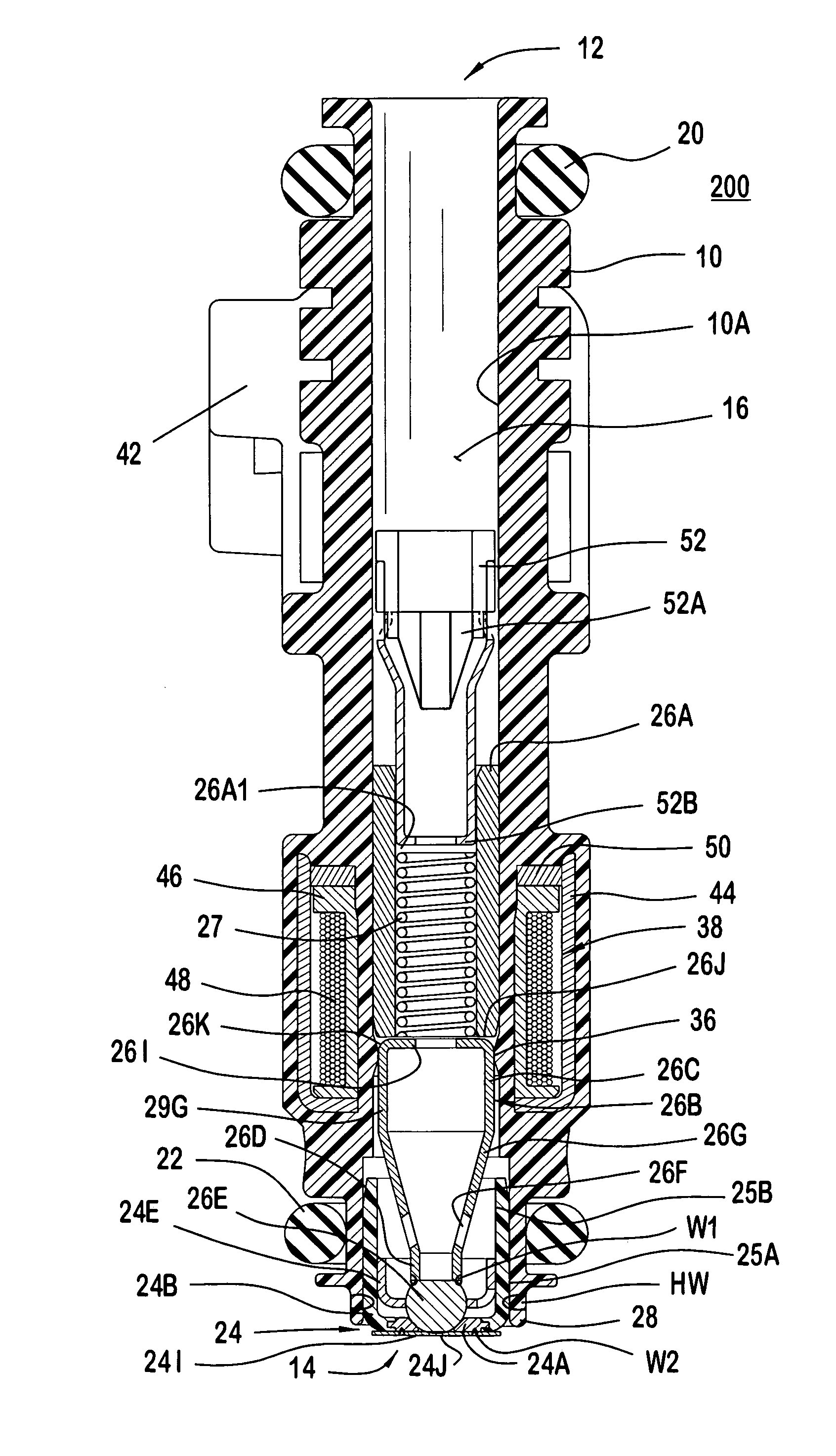 Fuel injector with an armature assembly having a continuous elongated armature and a metering assembly having a seat and polymeric support member
