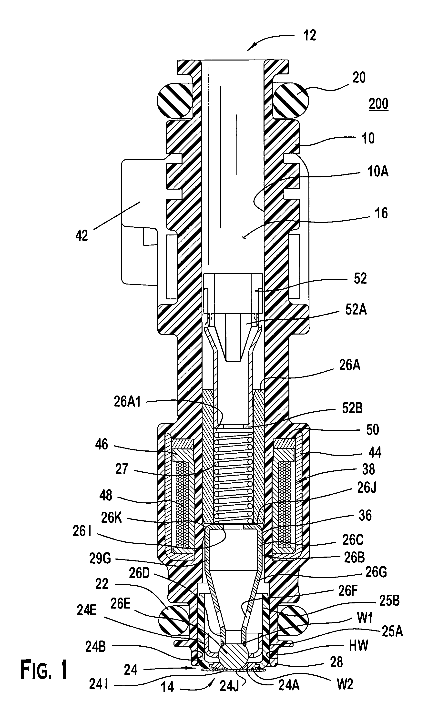 Fuel injector with an armature assembly having a continuous elongated armature and a metering assembly having a seat and polymeric support member