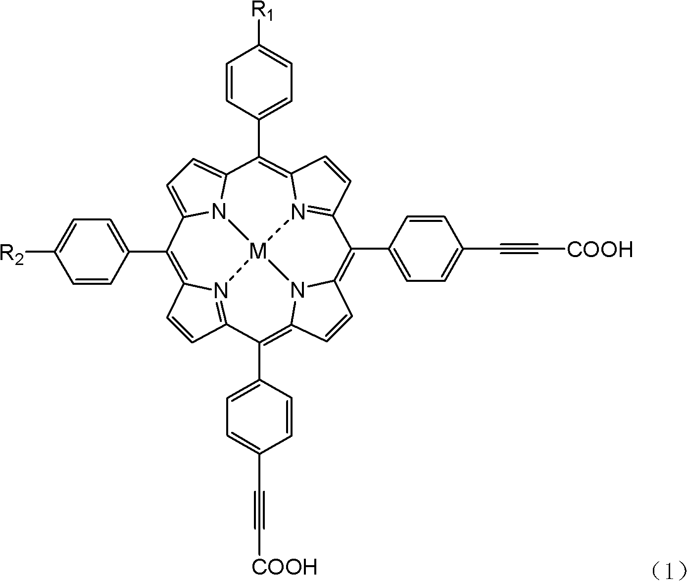 Asymmetrical dye molecule adopting tetraphenylporphin as core, and preparation method thereof