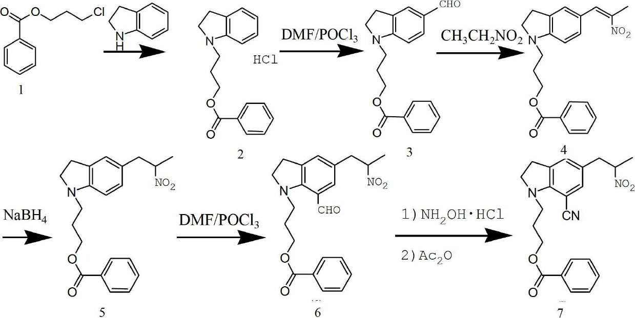 Preparing method of 1-(3-benzoyloxy propyl)-5-(2-oxopropyl)-7-indolinecarbonitrile