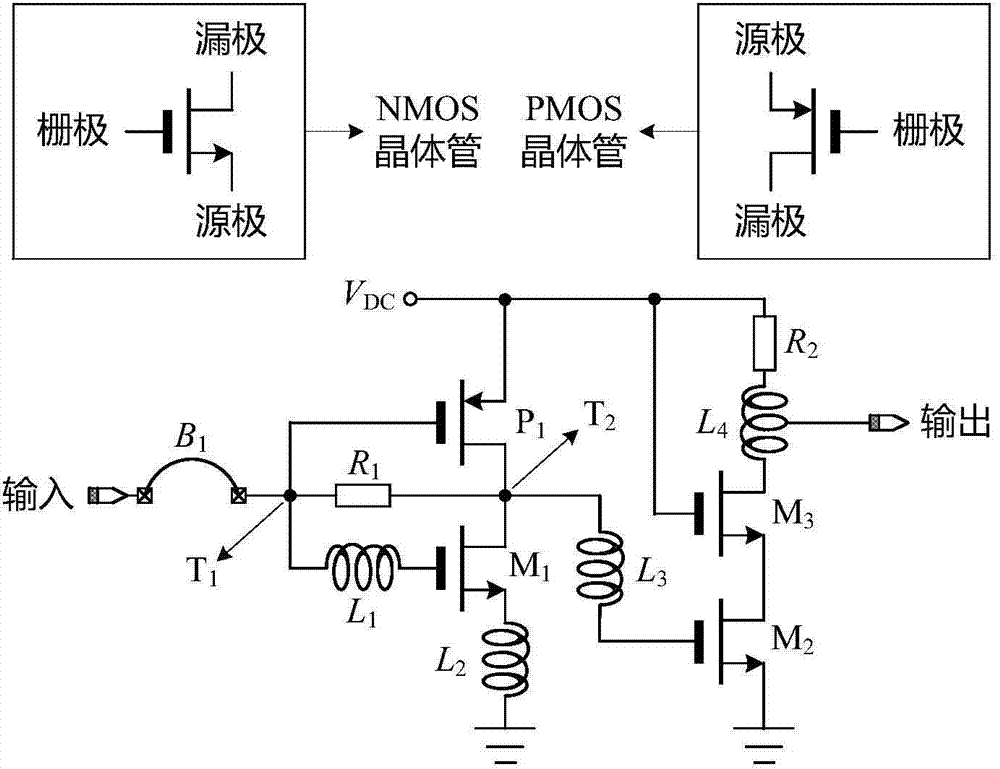Self-biased ultra wideband low-power-consumption low-noise amplifier (LNA)
