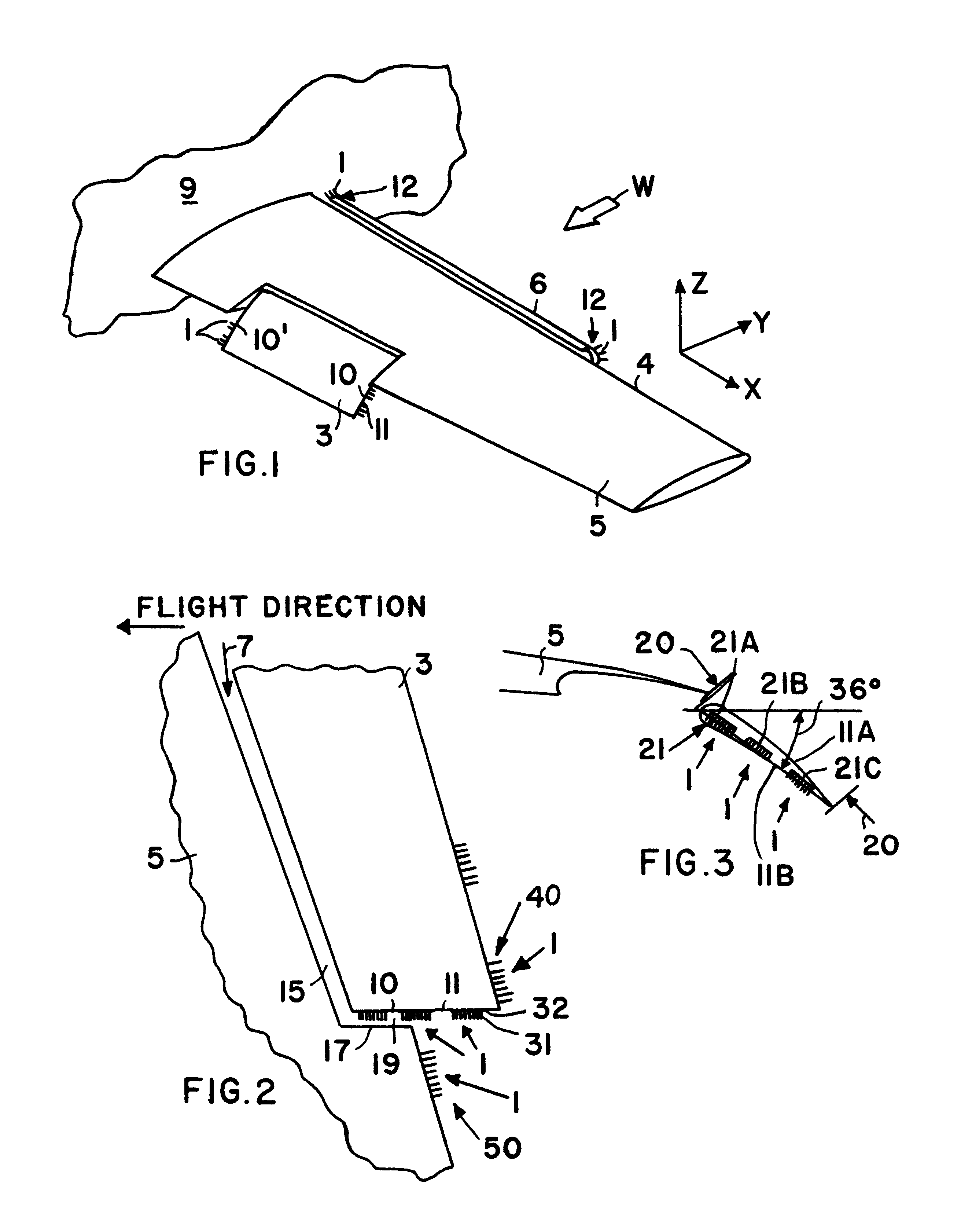 Noise reducing vortex generators on aircraft wing control surfaces
