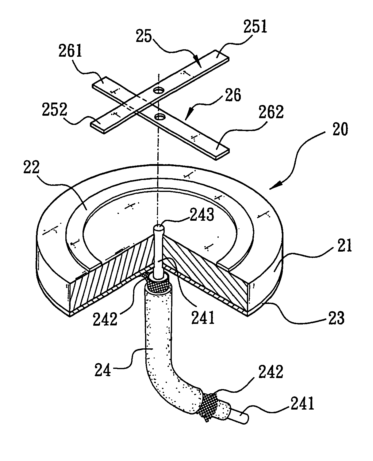 Disk-shaped antenna with polarization adjustment arrangement