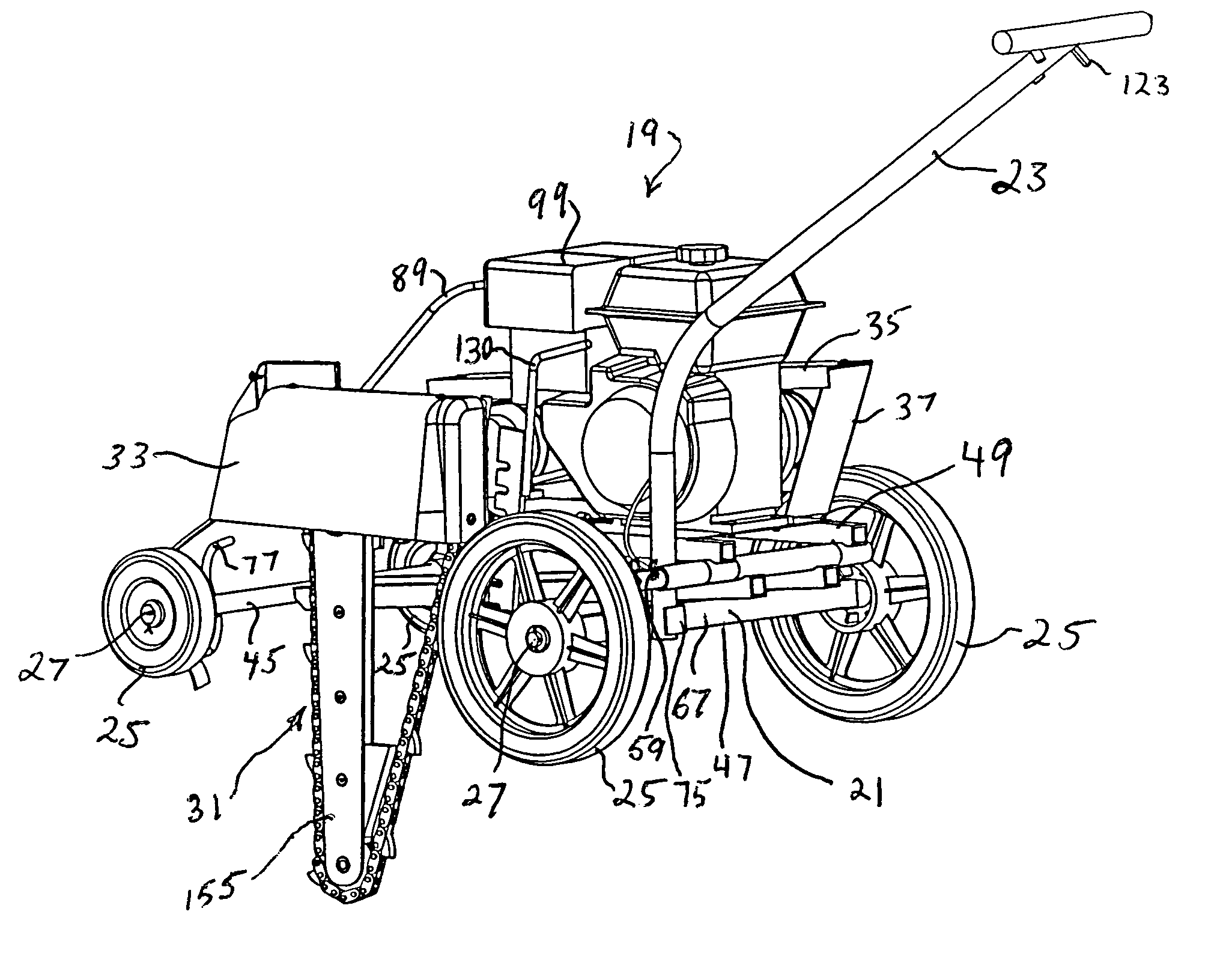 Operator propelled and/or guided portable trencher