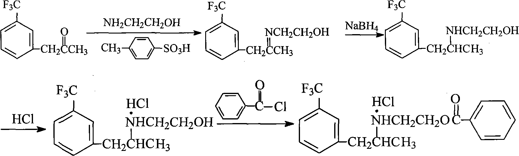 Method for preparing benzoic-2-[[1-methyl-2-[3-(trifluoromethyl)-phenyl] ethyl] amido] ethyl ester hydrochlorate