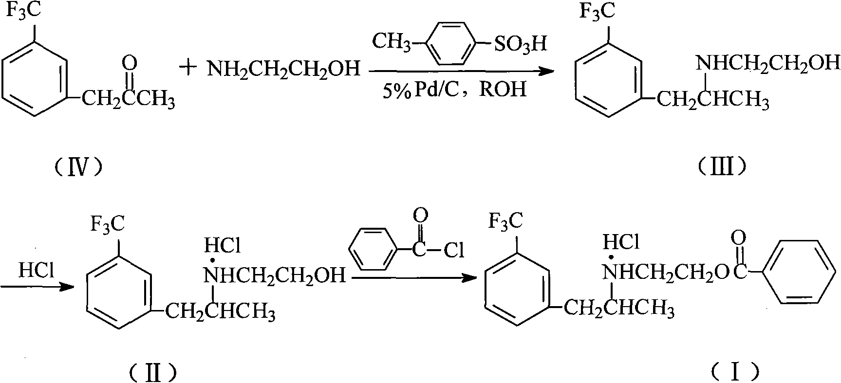 Method for preparing benzoic-2-[[1-methyl-2-[3-(trifluoromethyl)-phenyl] ethyl] amido] ethyl ester hydrochlorate