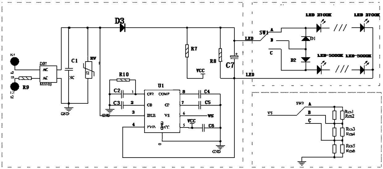Silicon-controlled dimming and color temperature changing downlight circuit