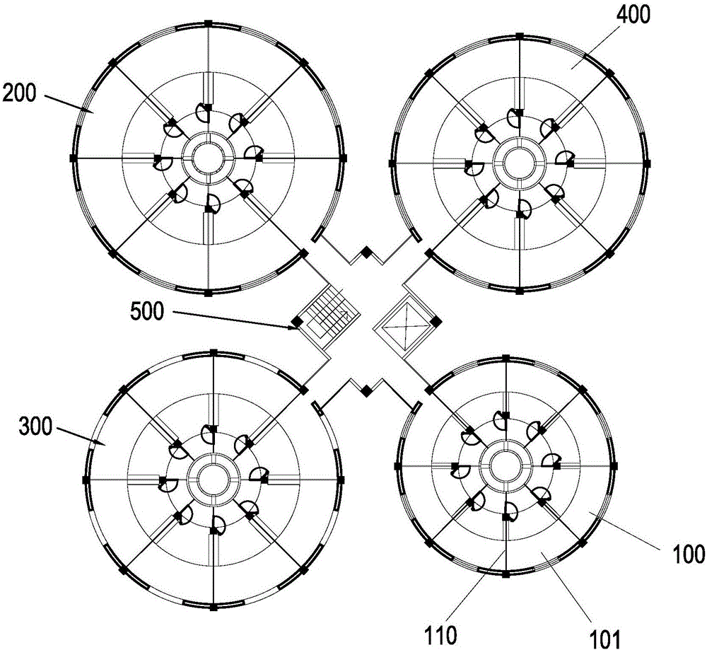 Circular pig house with nested intake passages and exhaust passages and pig farming method