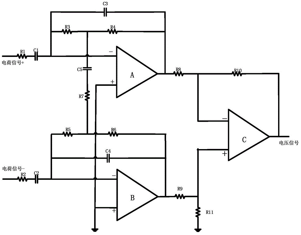 Differential charge amplifier with high precision, low temperature drift and low offset