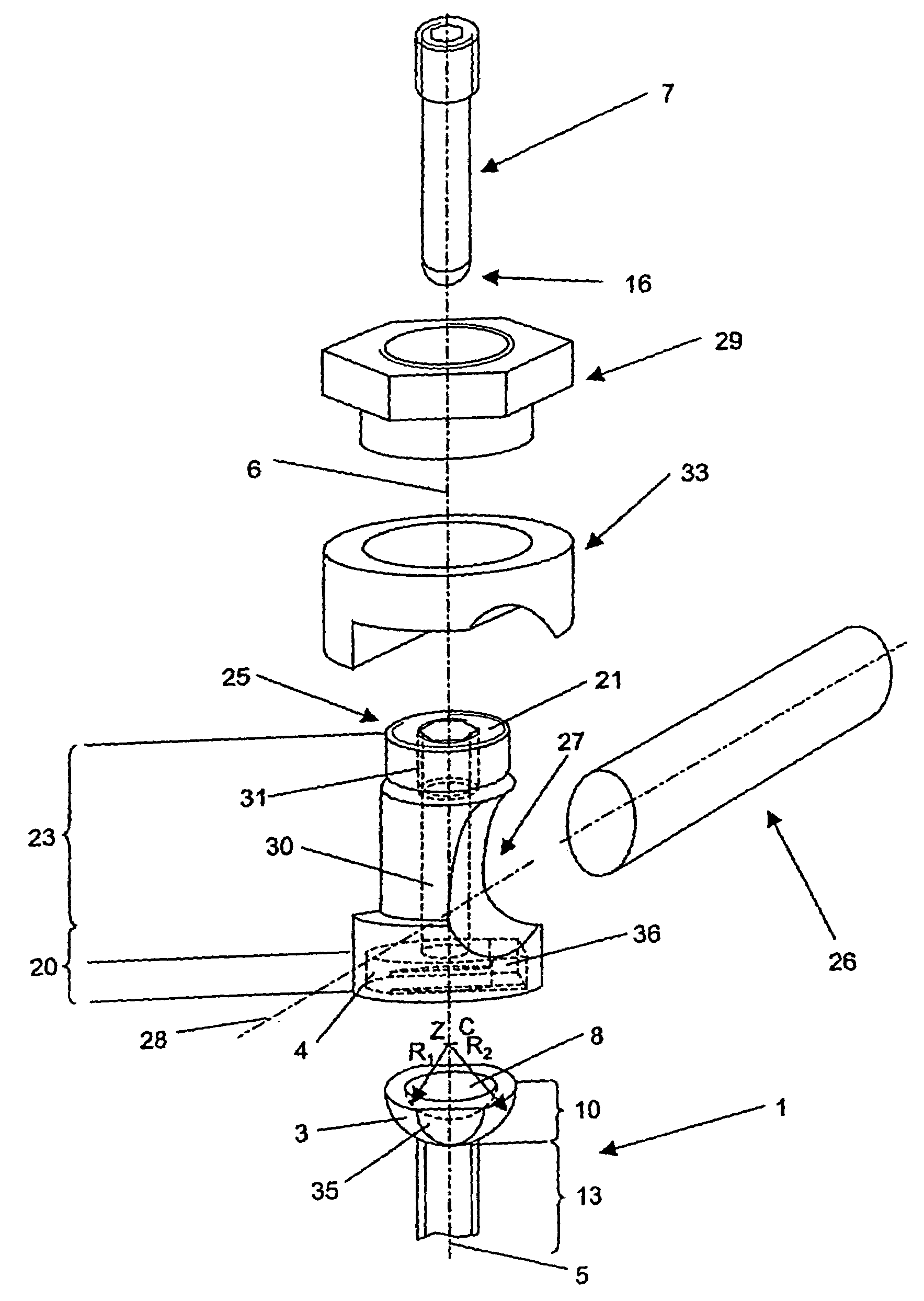 Device for a ball-and-socket joint type connection of two members