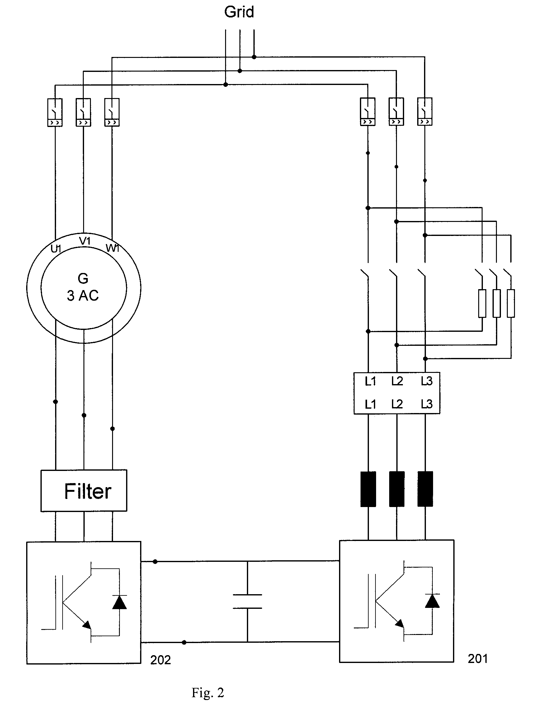 Low voltage ride through system for a variable speed wind turbine having an exciter machine and a power converter not connected to the grid