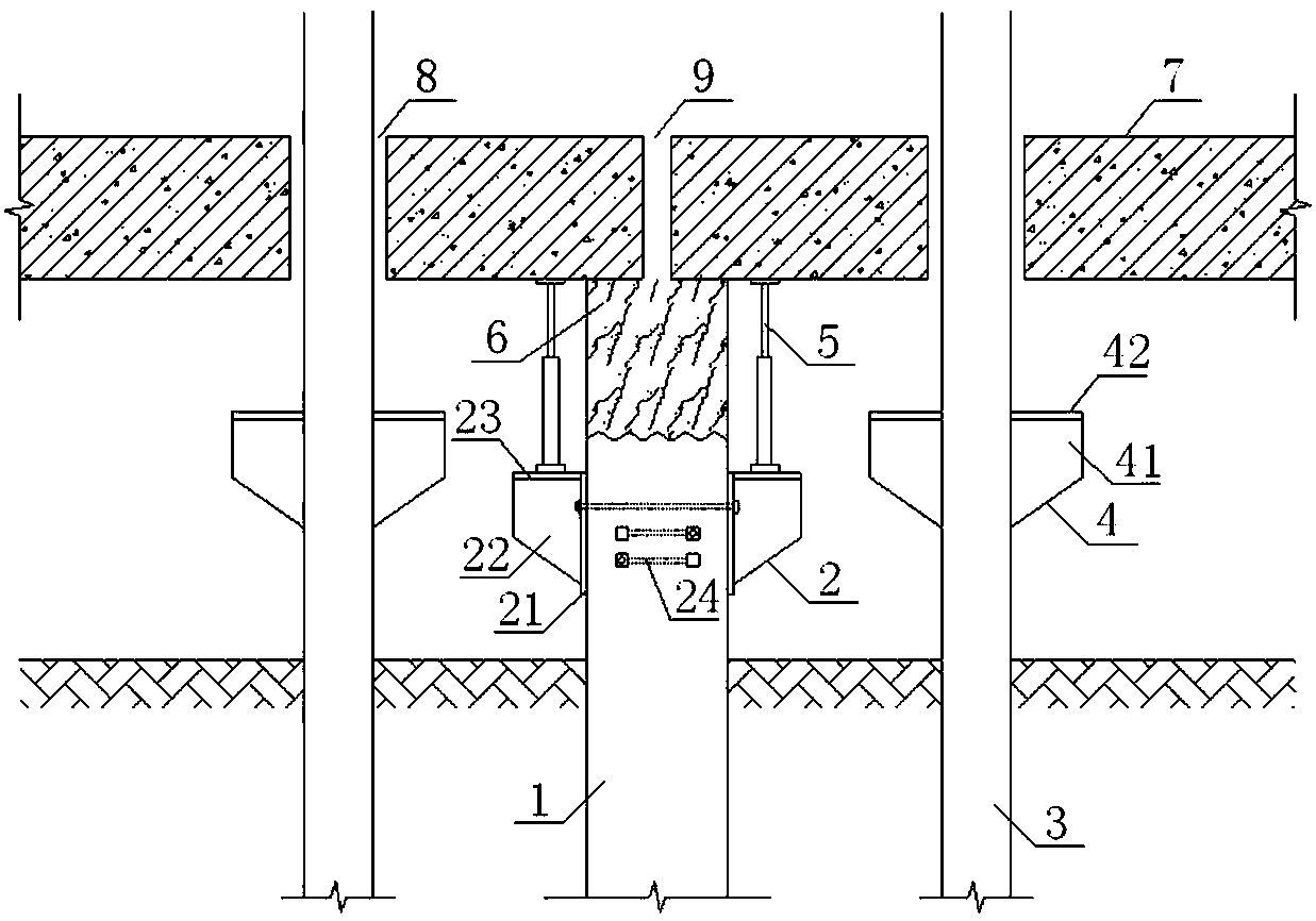 Pile foundation building slant rectification pile-cutting replacement limiting structure and construction method thereof