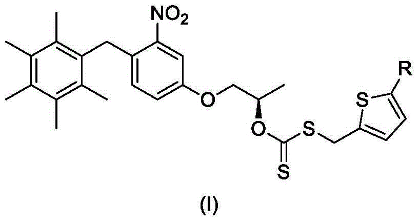 Xanthate compound containing halothiophene and nitrobenzene hexamethylbenzene structure, preparation method and application