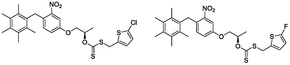 Xanthate compound containing halothiophene and nitrobenzene hexamethylbenzene structure, preparation method and application