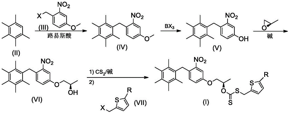 Xanthate compound containing halothiophene and nitrobenzene hexamethylbenzene structure, preparation method and application