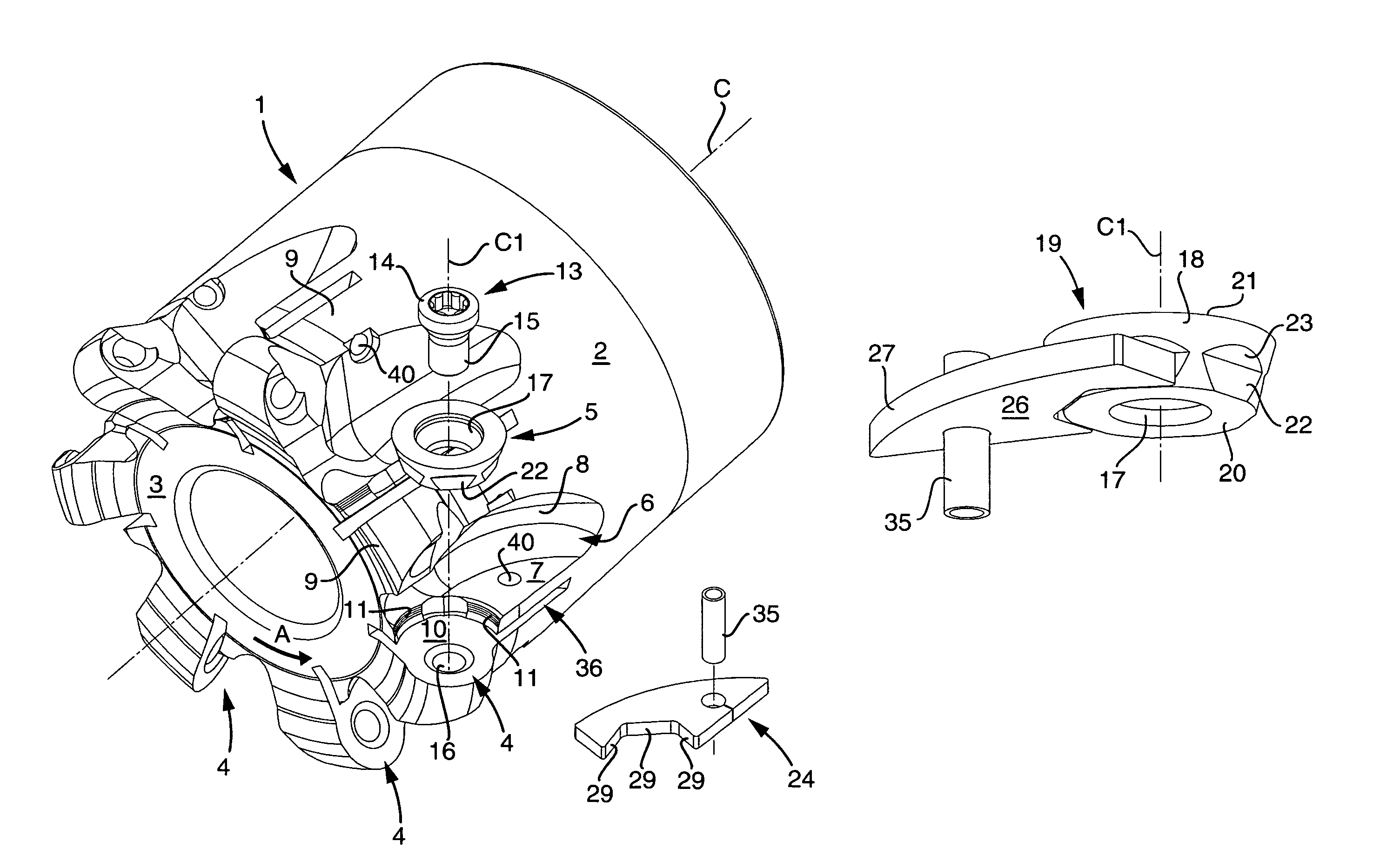 Tool for chip removing machining, and a basic body and a lock member therefor