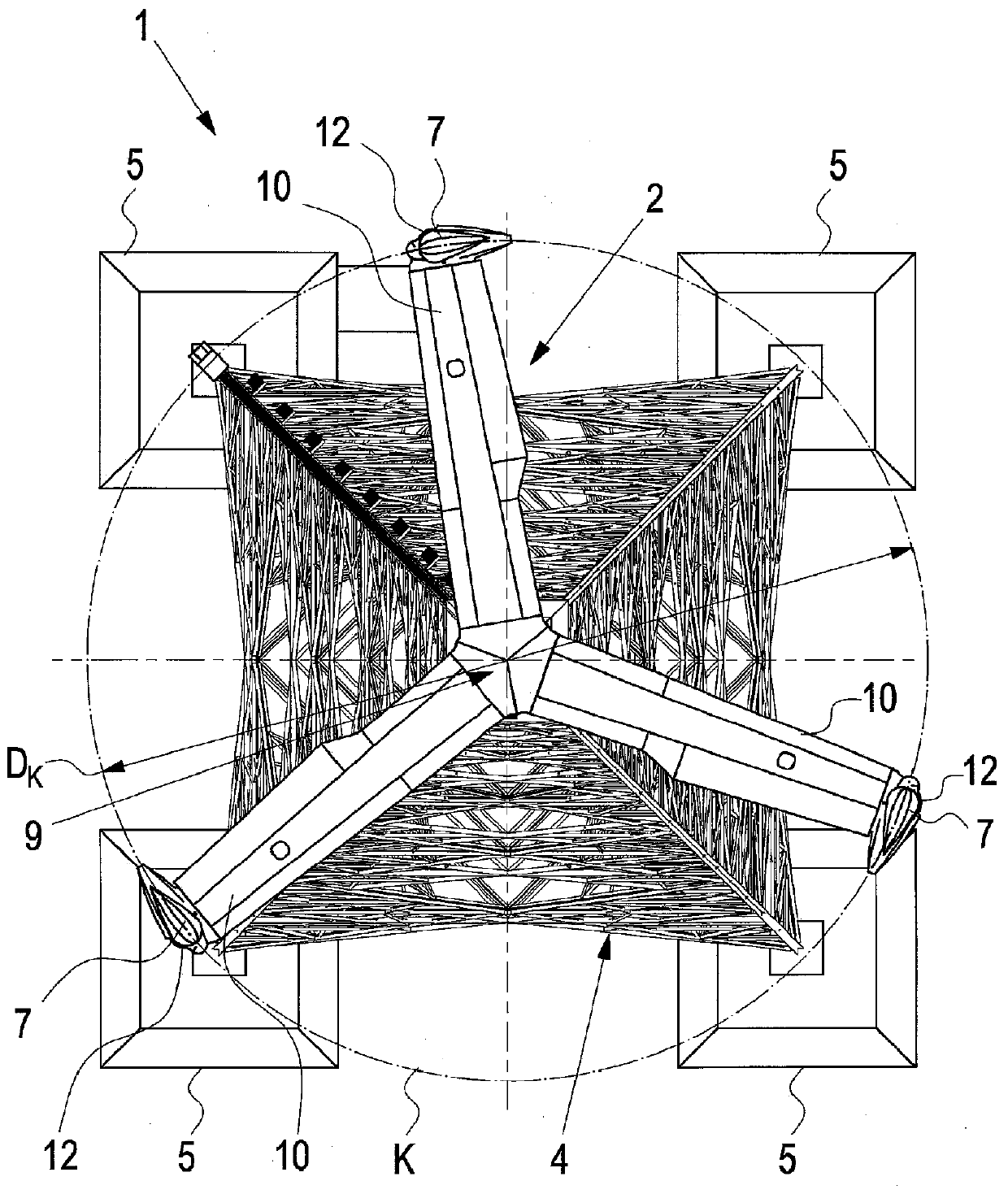 Vertical wind turbine comprising pitch motor with protruding rotor blades, kit for same, and method for operating same