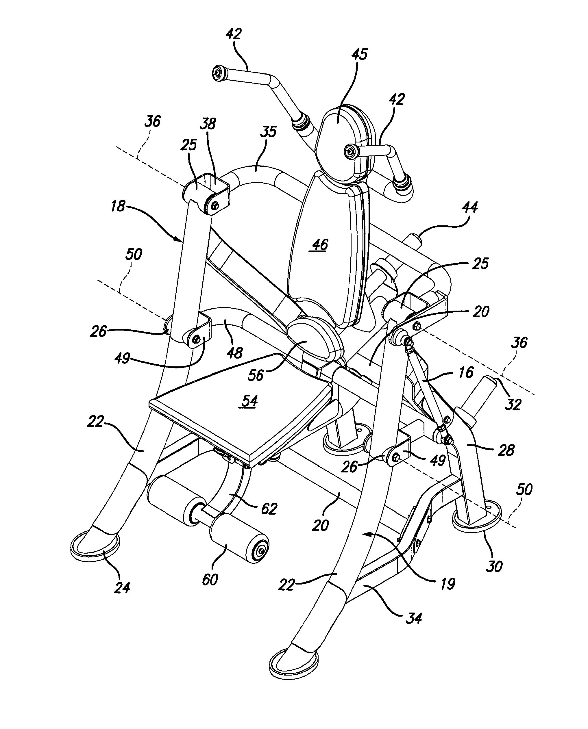 Exercise machine with two-directional pivoting user support