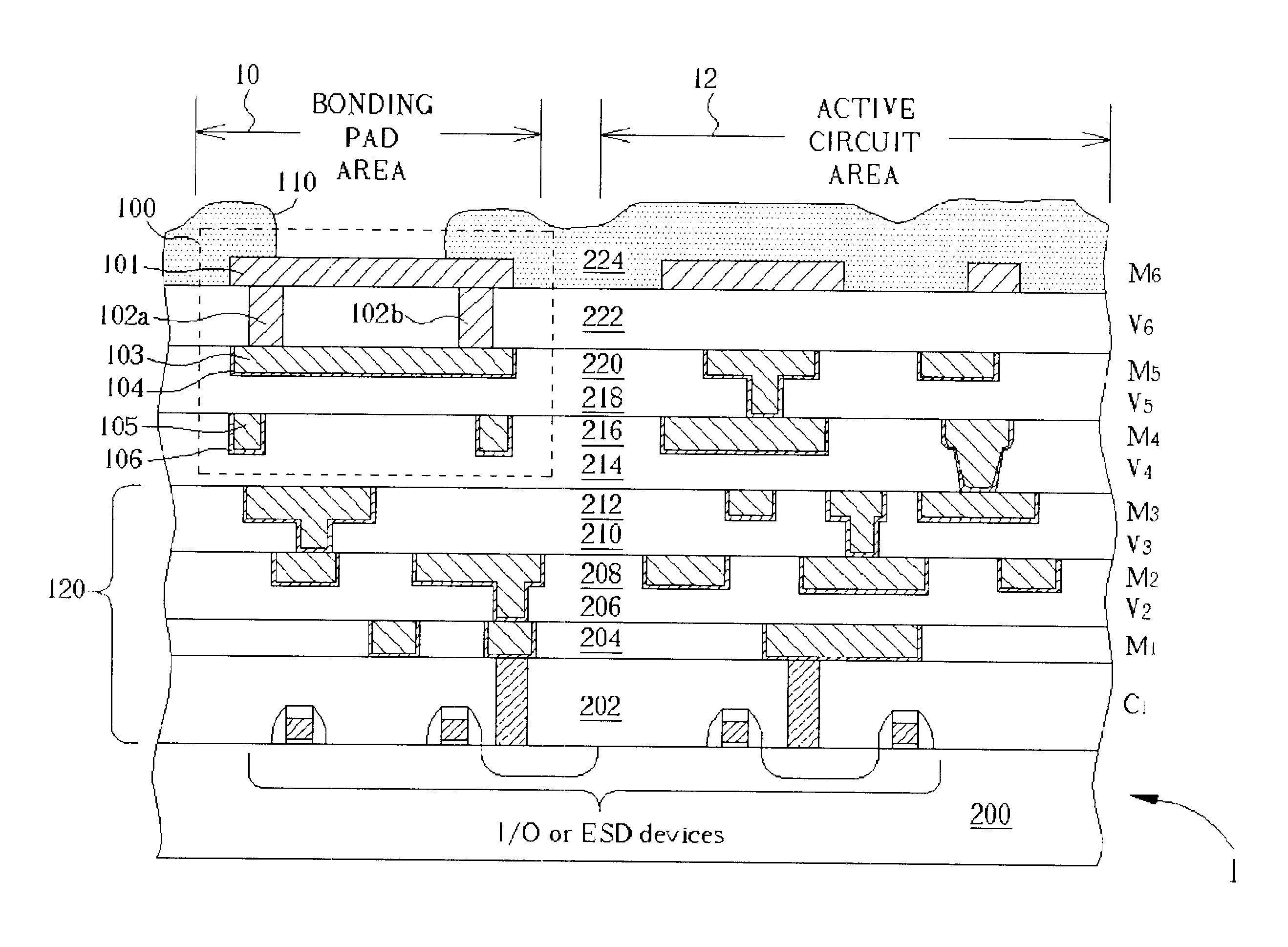 Semiconductor chip capable of implementing wire bonding over active circuits