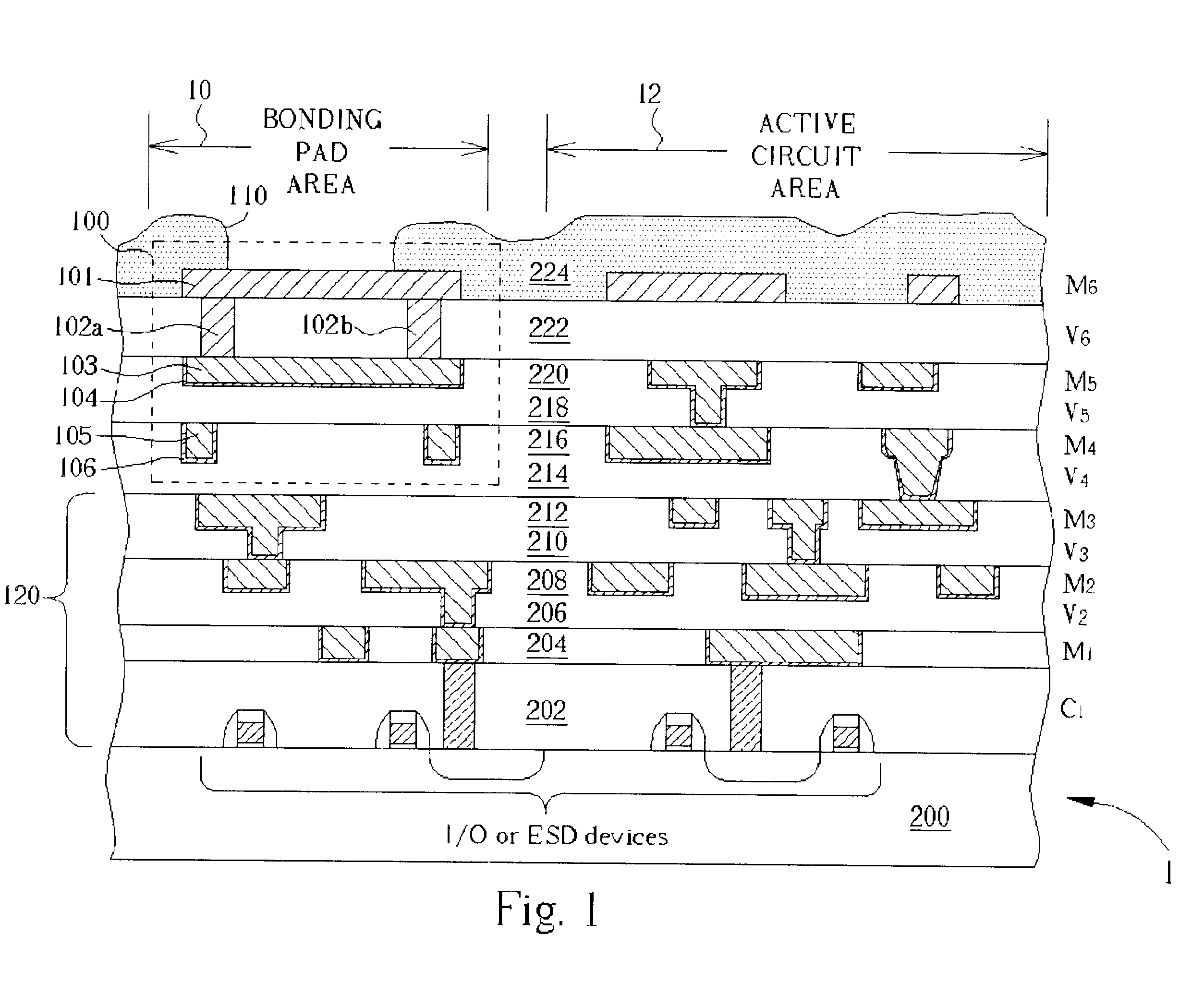Semiconductor chip capable of implementing wire bonding over active circuits