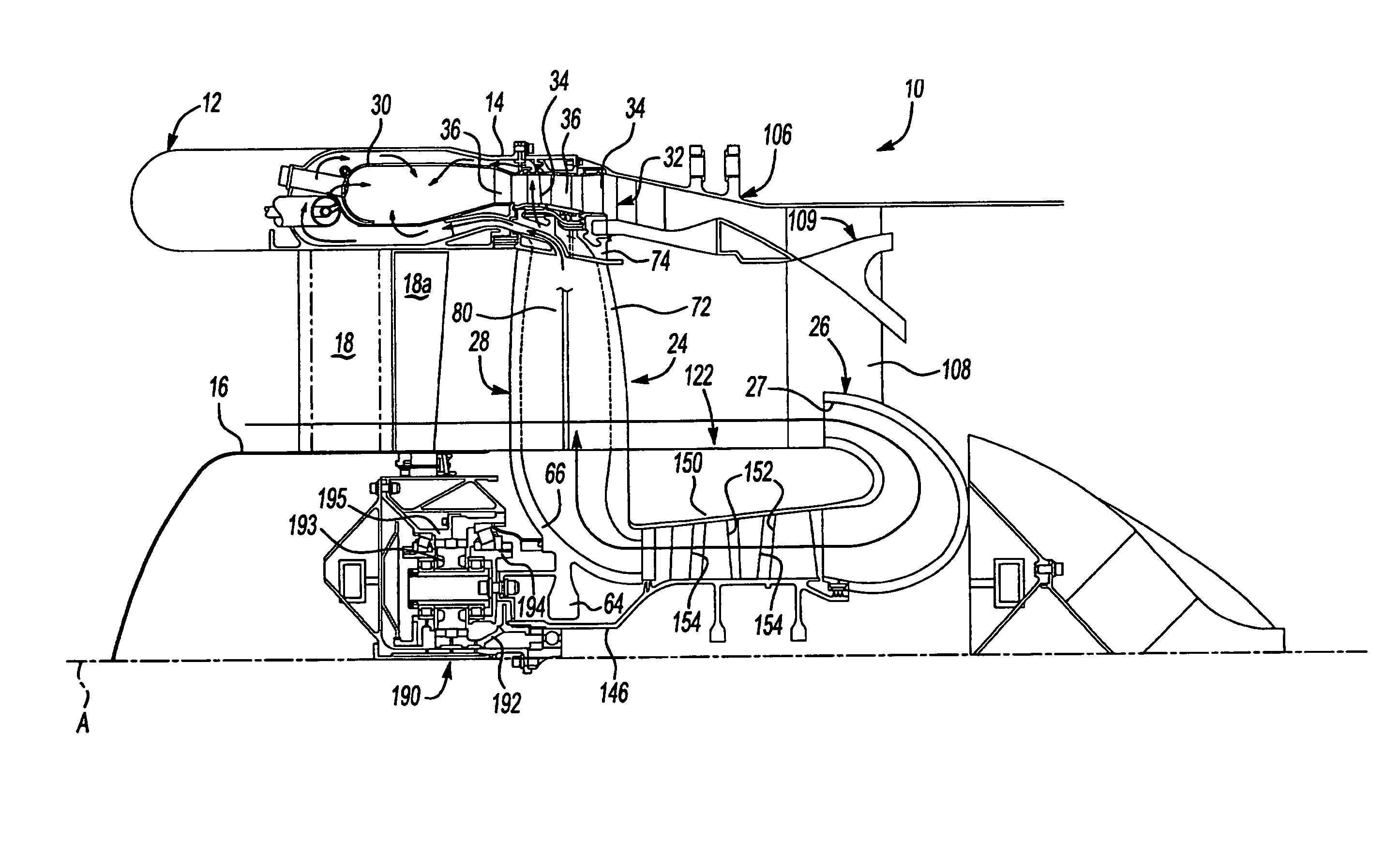 Tip turbine engine and operating method with reverse core airflow