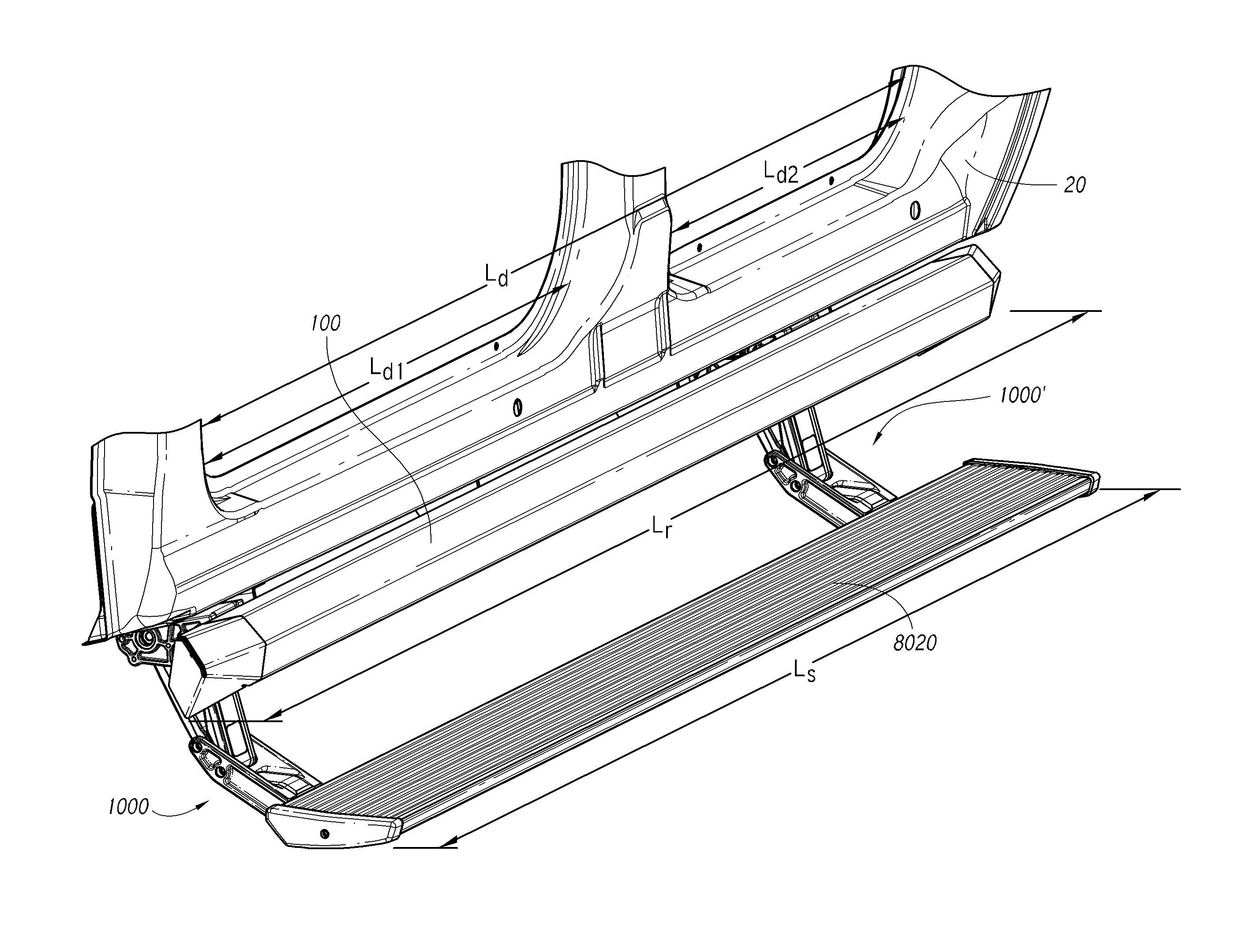 Retractable step and side bar assembly for raised vehicle