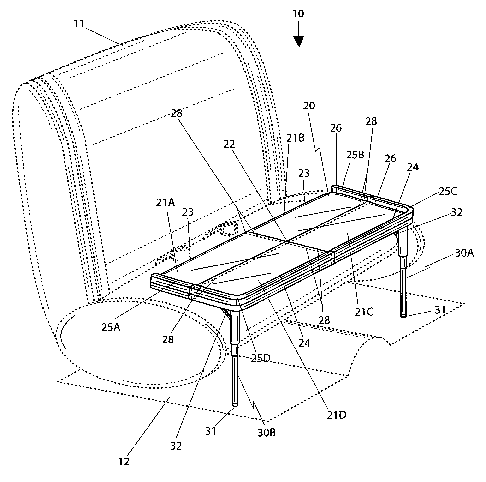 Two-legged table for vehicles