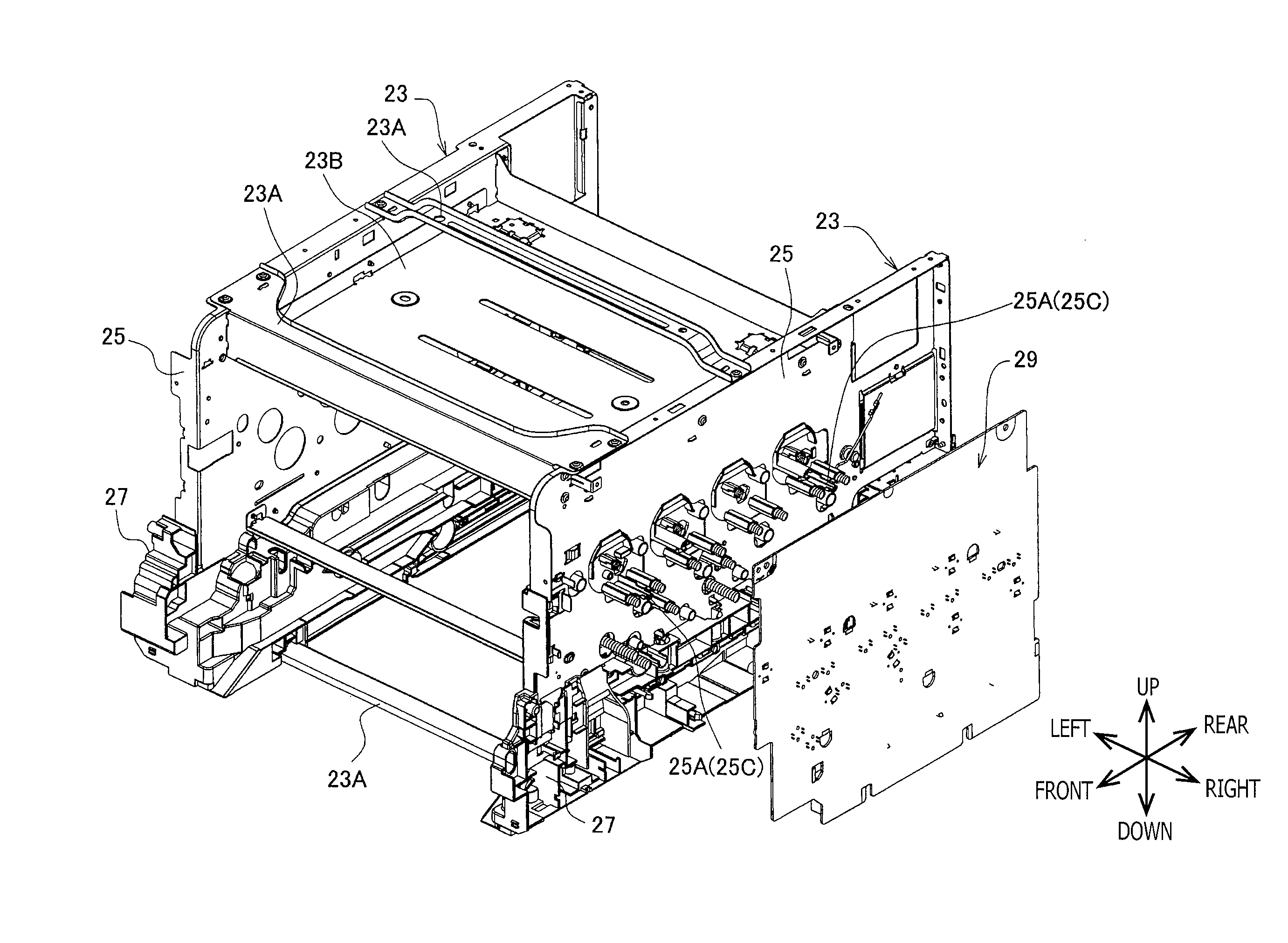 Image formation device having first frame for supporting image formation unit and second frame of lower flexure rigidity