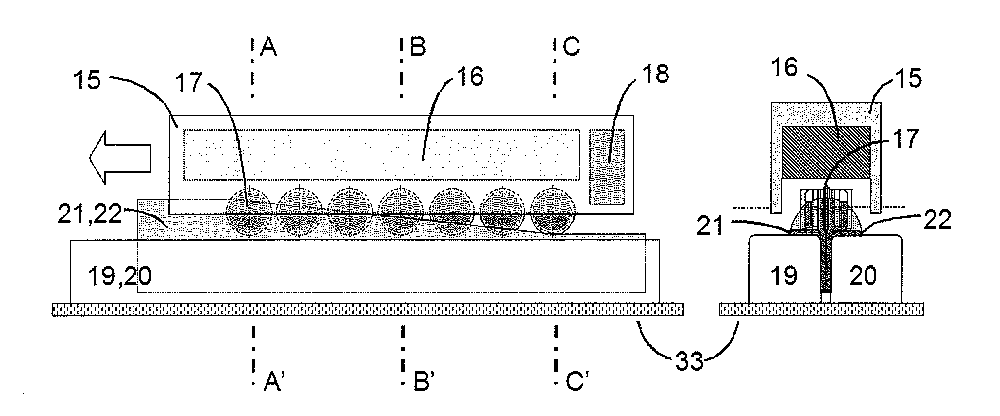 Device and method for the manufacture of elements in composite material