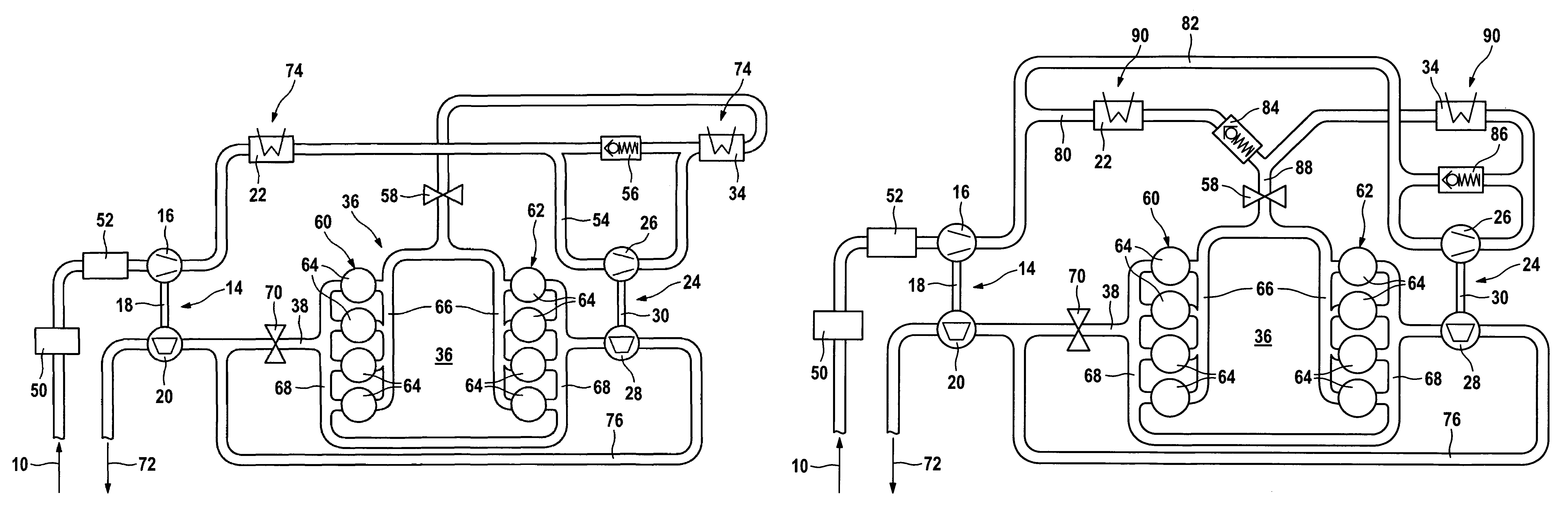 Supercharging system for two-stage supercharging of V-type internal combustion engines