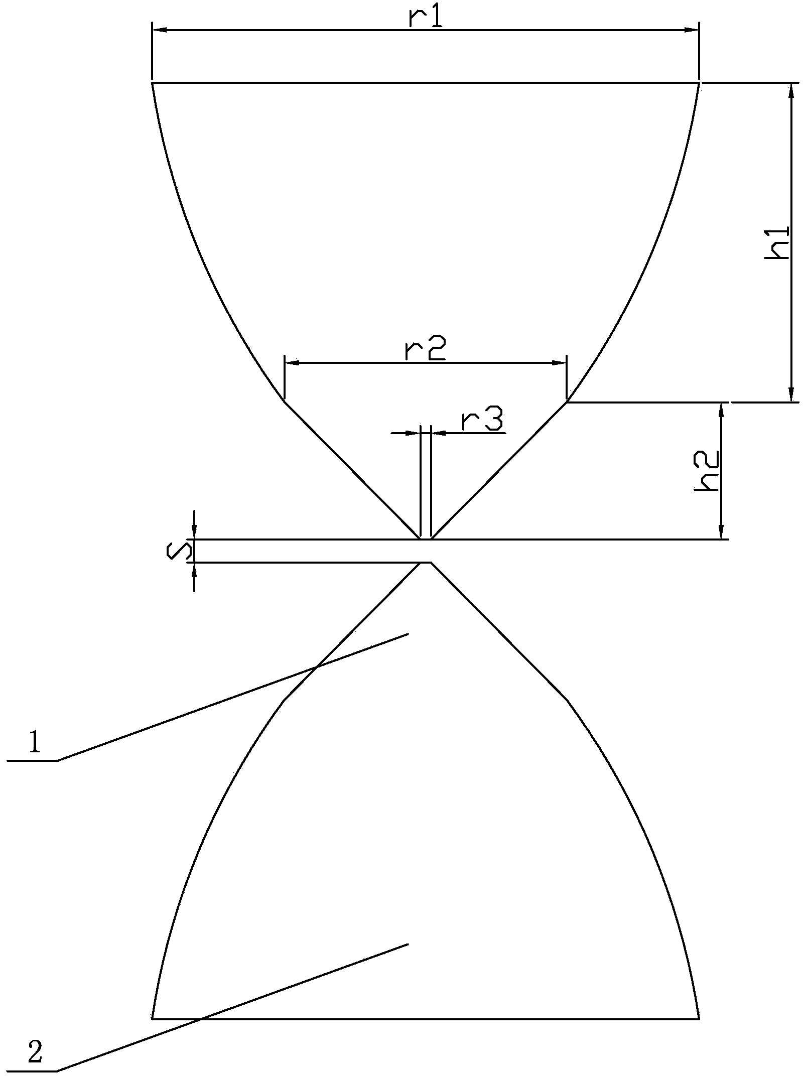 Ultra wide band symmetric biconical antenna with compound curve as bus