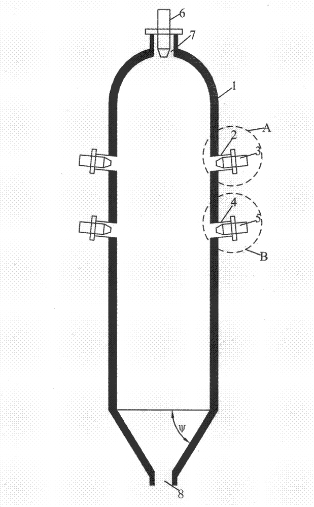Two-section type multi-nozzle gasifying furnace with hierarchical oxygen supplying function and gasifying method of gasifying furnace