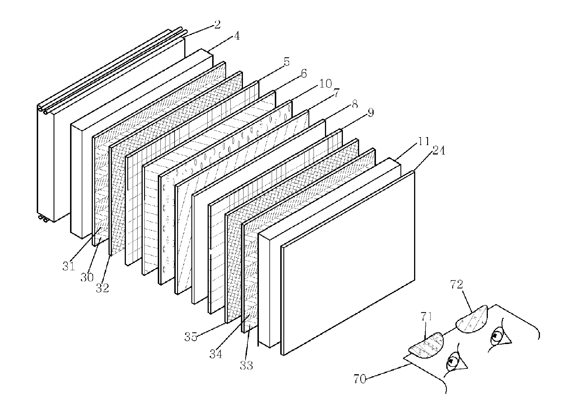 Stereoscopic tft-lcd with wire grid polarizer affixed to internal surfaces substrates