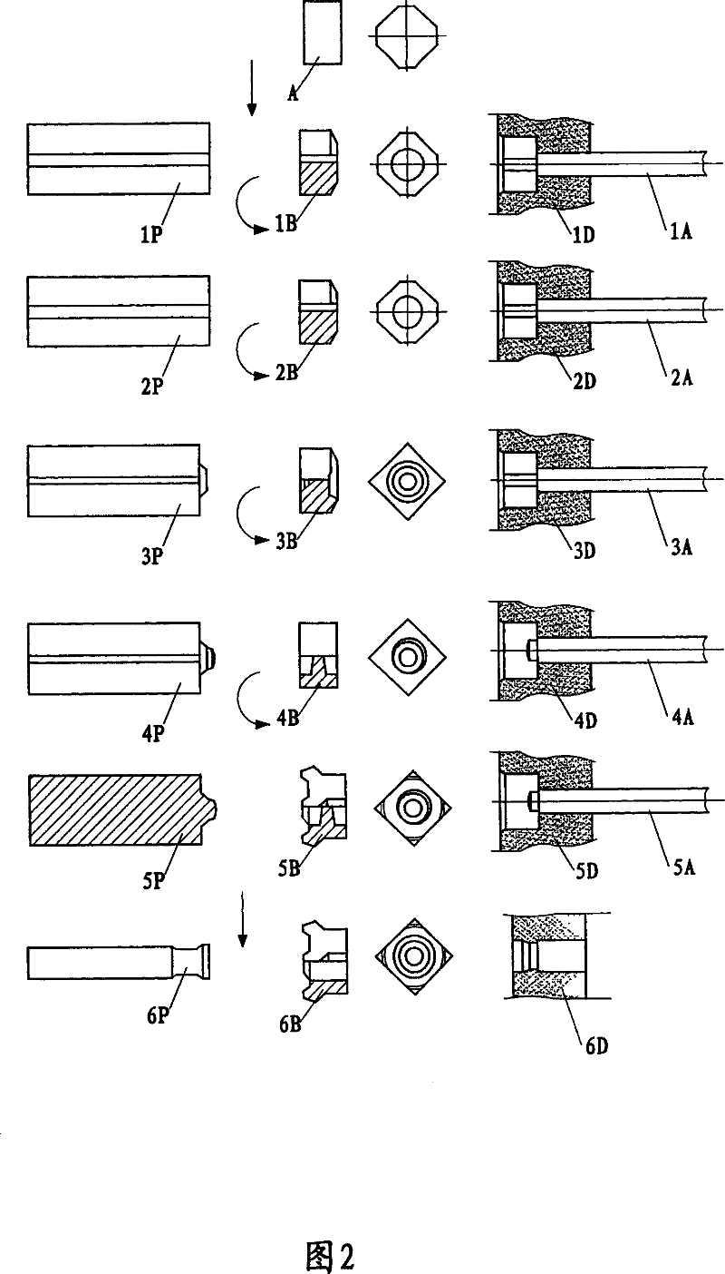 Process for forming external welding leg square nut by multiple work position cold headers from coiled round wire