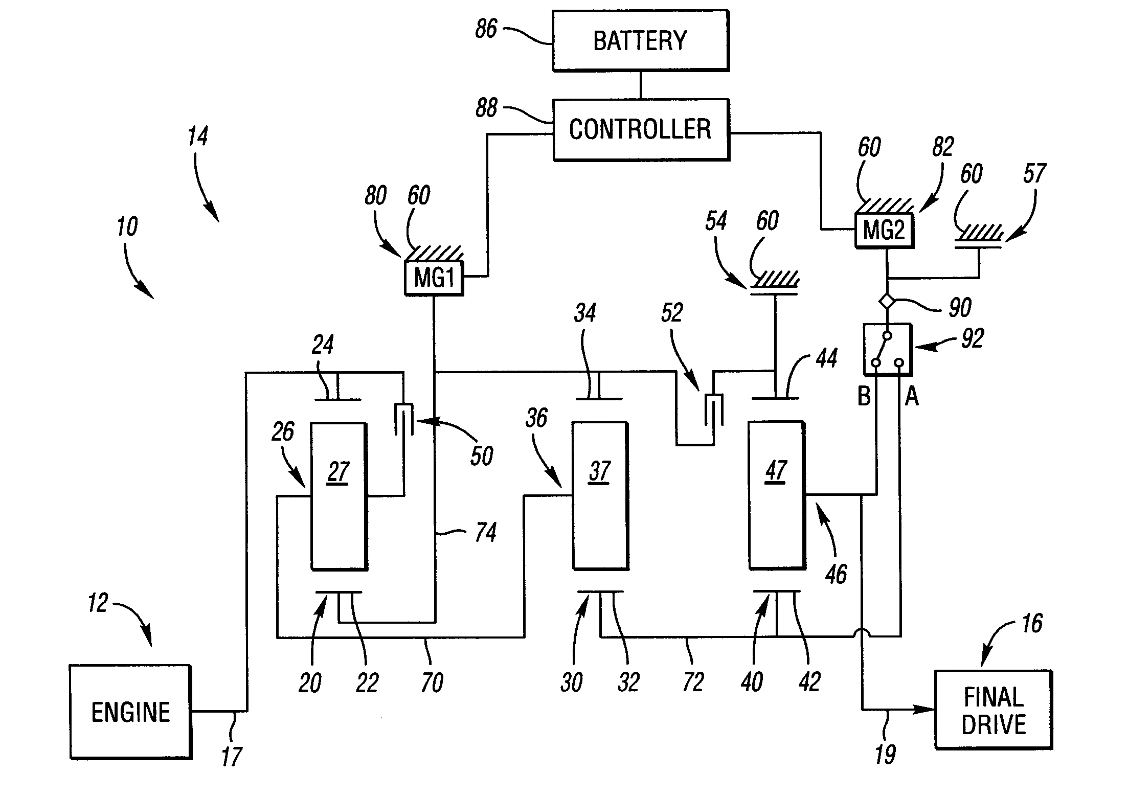 Electrically variable transmission having three planetary gear sets and clutched motor/generators