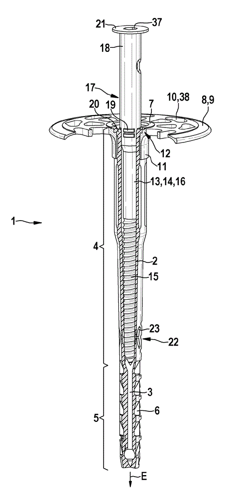 Dowel and setting method for fixing insulating materials