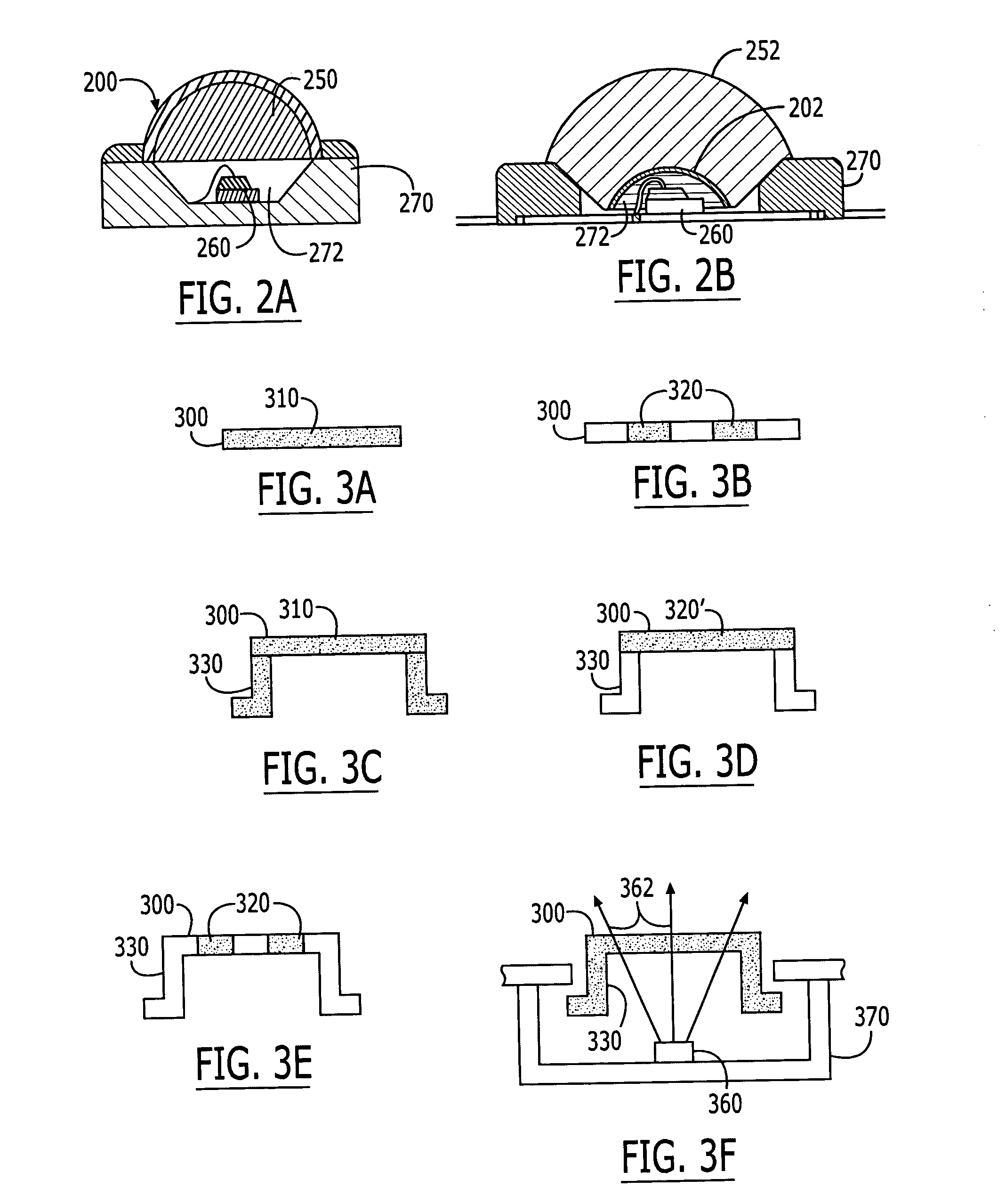 Transmissive optical elements including transparent plastic shell having a phosphor dispersed therein, and methods of fabricating same