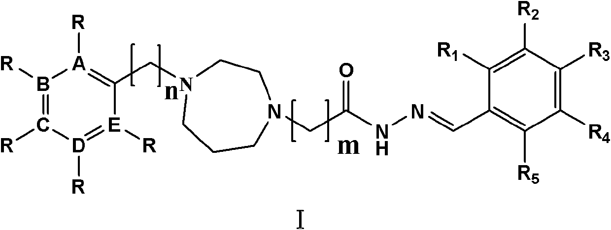 Homopiperazine acethydrazide derivative with low neurotoxicity and preparation method and application thereof