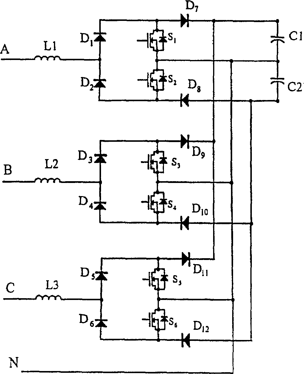 Integrated converting means with three-phase activity coefficient adjustment