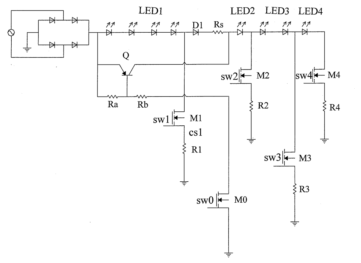 A full voltage segmented linear constant-current LED drive circuit in auto switchover mode