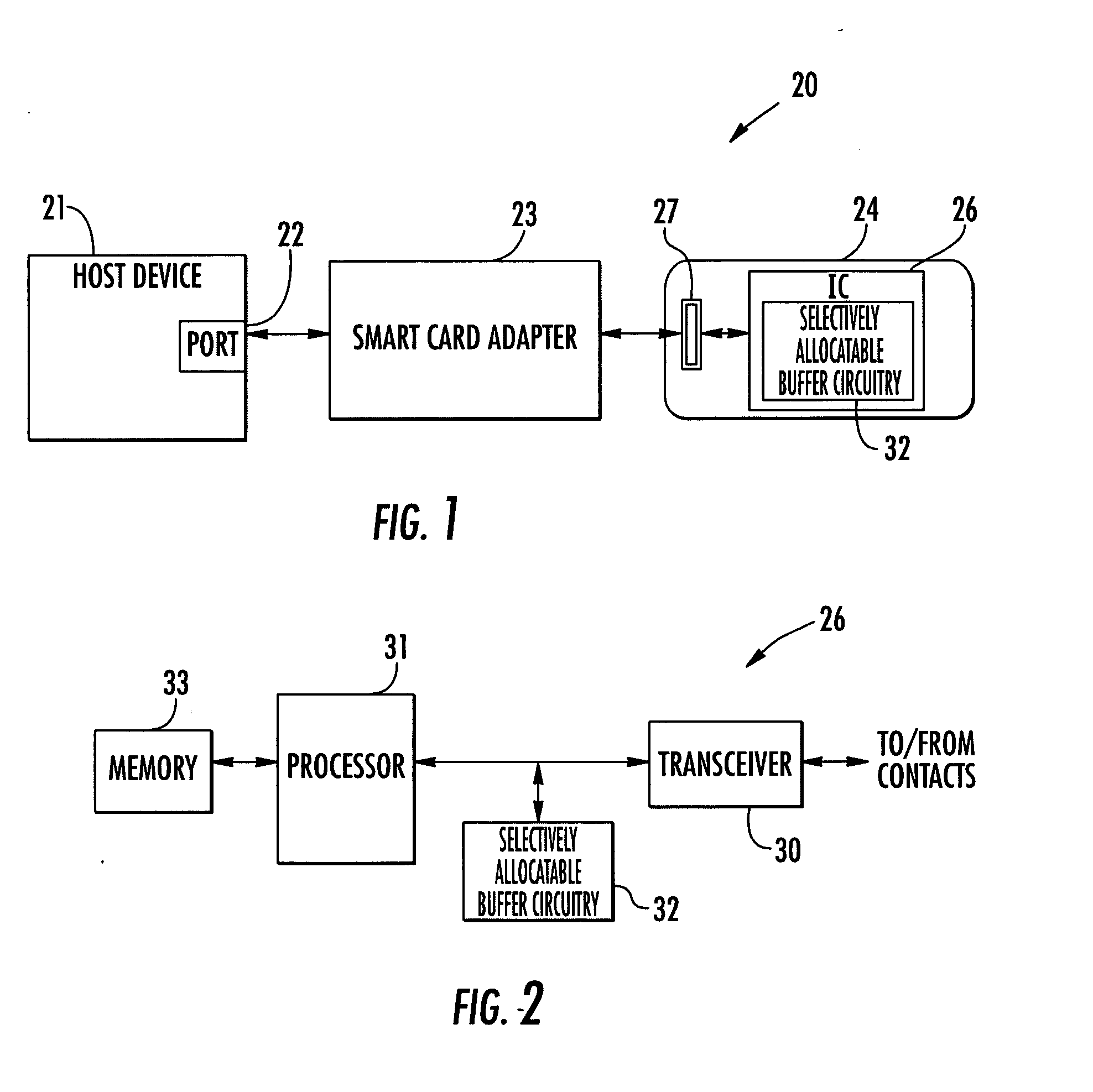 Smart card with selectively allocatable data buffers and associated methods